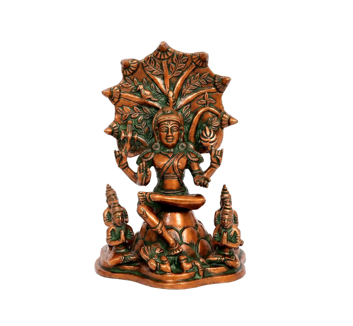 Brass Dakshinamurti statue seated beneath an ornate tree-inspired backdrop with detailed sculpting-artycraftz.com