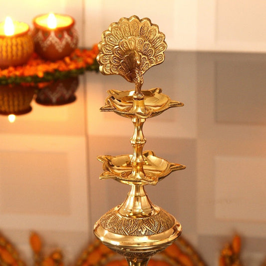 Brass Peacock Design 2 Layer Pooja Lamp