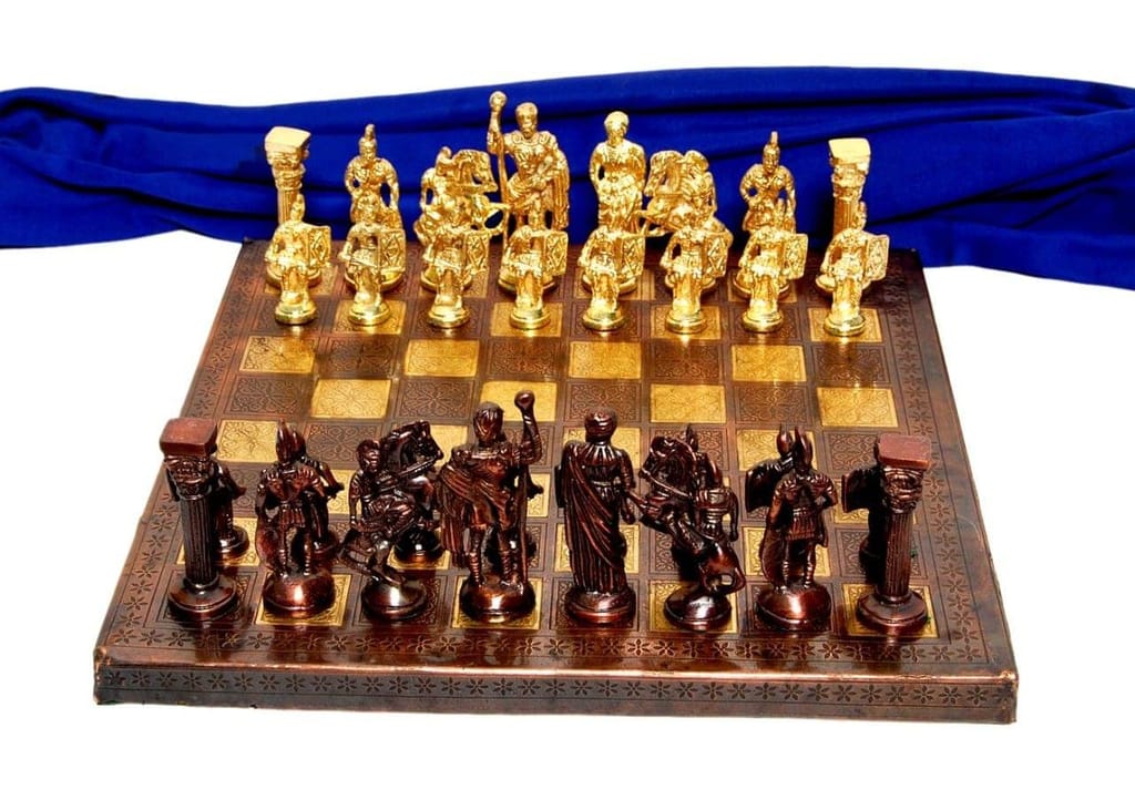 Brass Engraved Chess Board with Roman Chess Pawns - ArtyCraftz