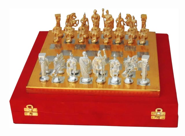 Brass Engraved Chess Board with Roman Gold and Silver Chess Pawns - ArtyCraftz