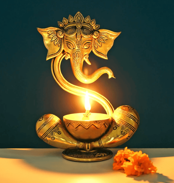 Brass Ganesh With Nanda Lamp - ArtyCraftz