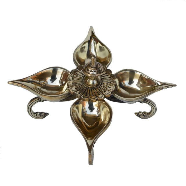 Brass Leaf Shaped 4 Wick Puja Lamp - ArtyCraftz