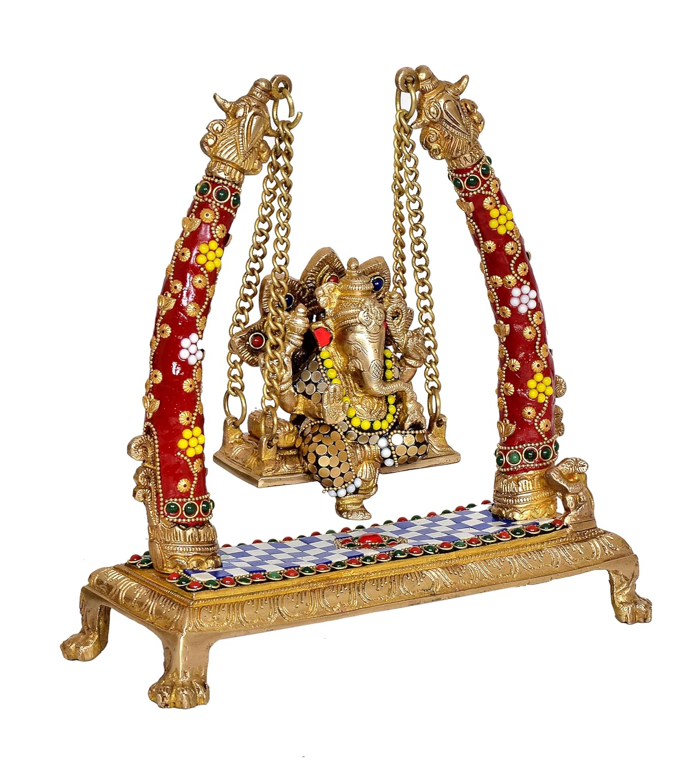 Brass Lord Ganesha on Floral Pattern Swing - ArtyCraftz