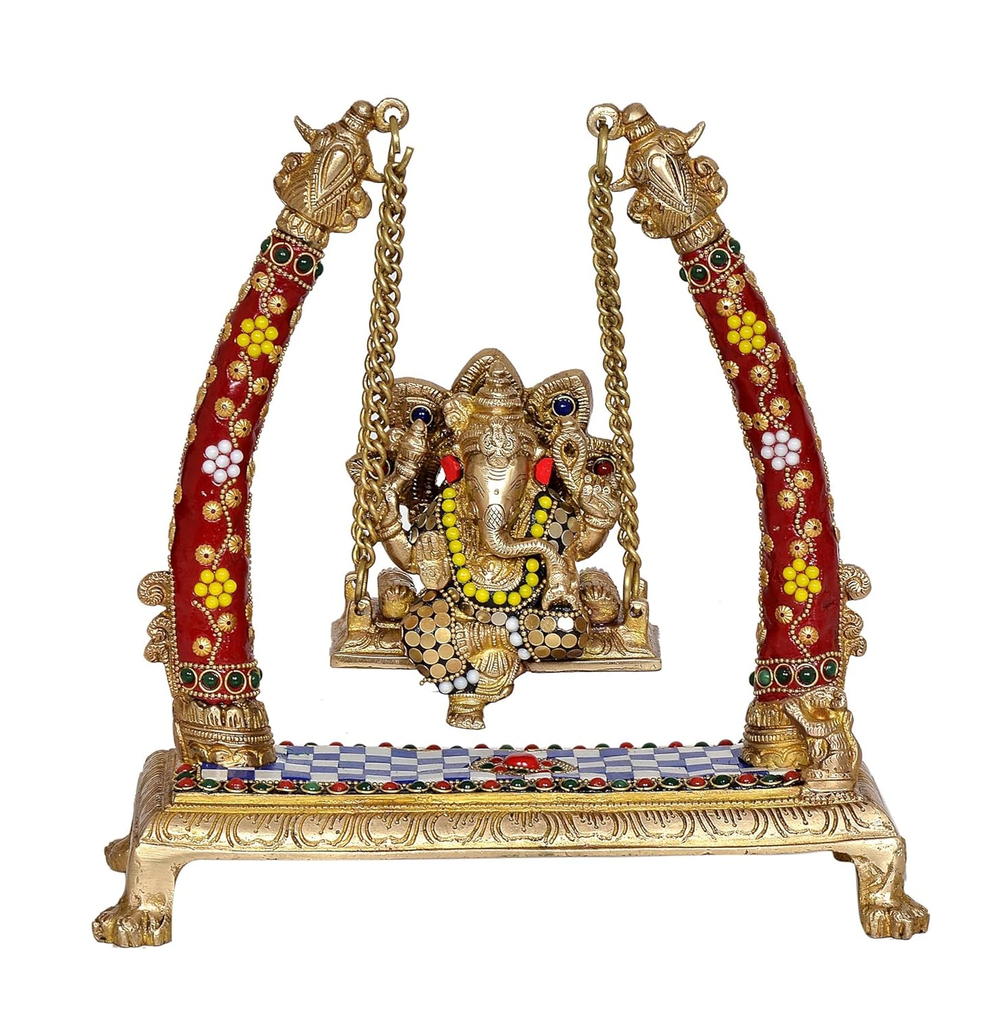 Brass Lord Ganesha on Floral Pattern Swing - ArtyCraftz