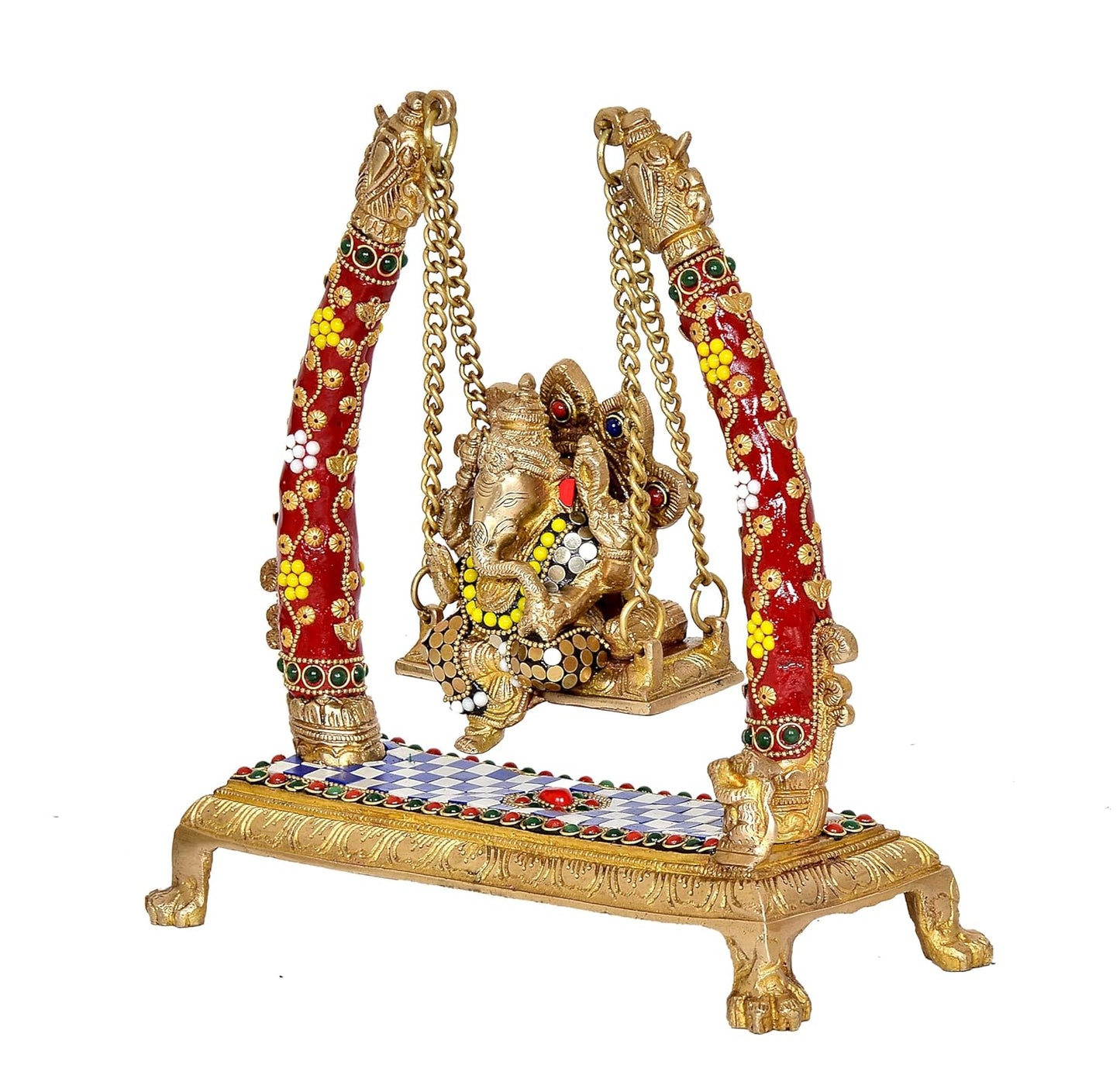 Brass Lord Ganesha on Floral Pattern Swing - ArtyCraftz