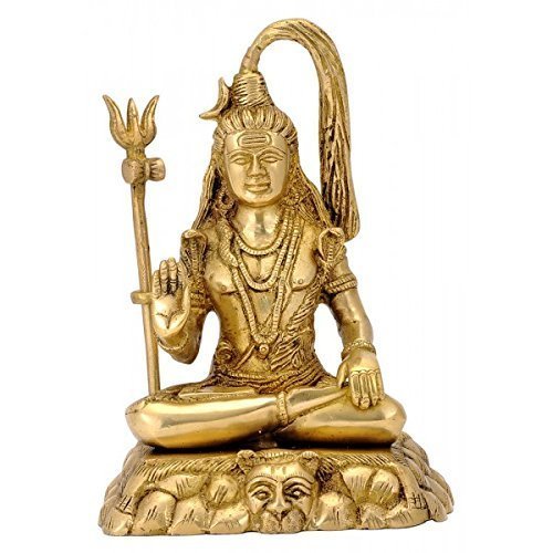 Golden brass statue of Lord Shiva seated in meditation with a trident and detailed sculpted base-artycraftz.com