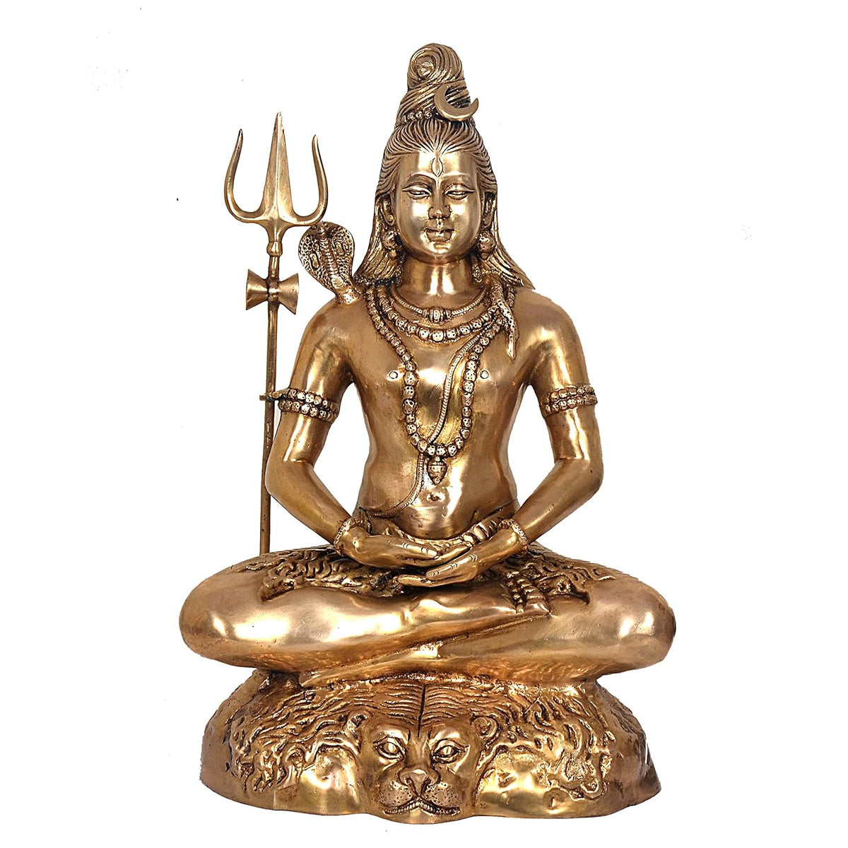 Brass Lord Shiva statue seated in meditation with Trishul, cobra and detailed golden-tone base-atycratz.com