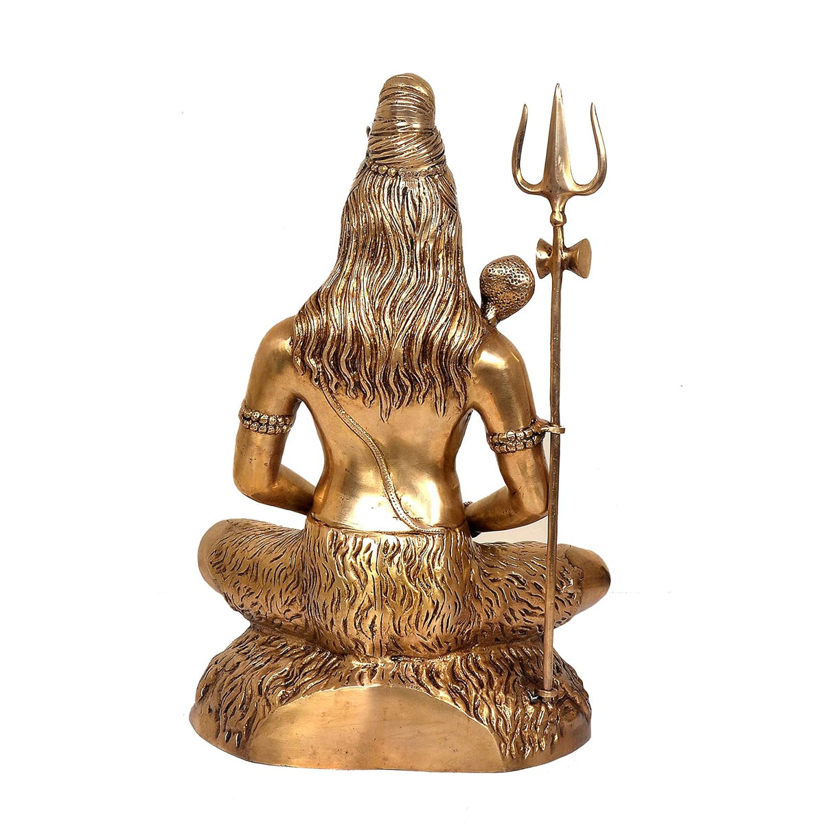 Brass Lord Shiva statue seated in meditation with Trishul, cobra and detailed golden-tone base-atycratz.com