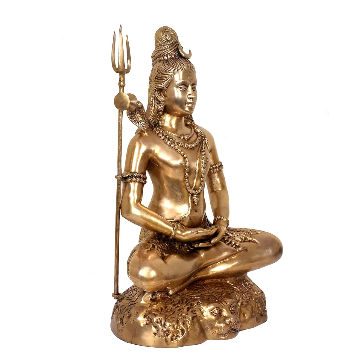 Brass Lord Shiva statue seated in meditation with Trishul, cobra and detailed golden-tone base-atycratz.com