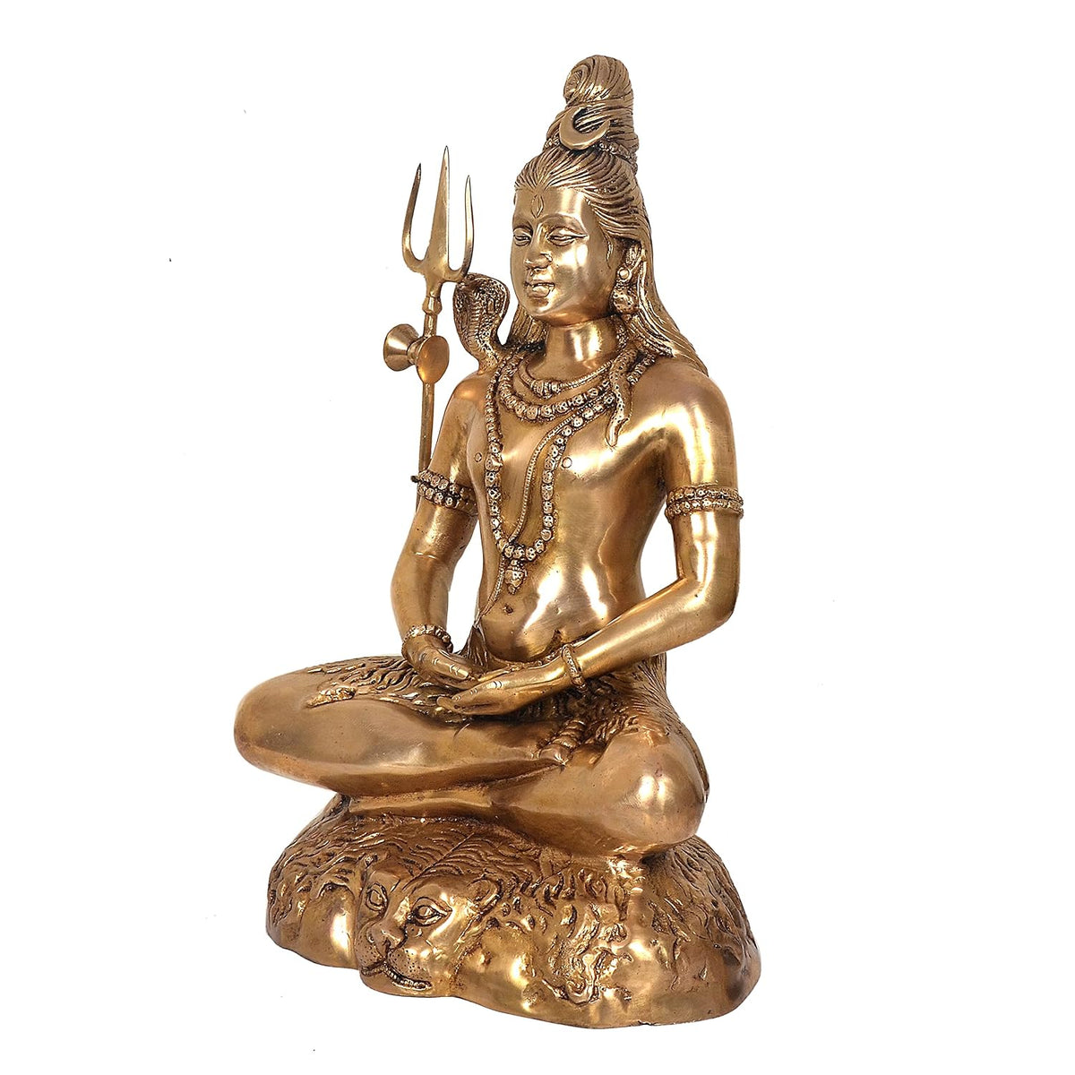 Brass Lord Shiva statue seated in meditation with Trishul, cobra and detailed golden-tone base-atycratz.com
