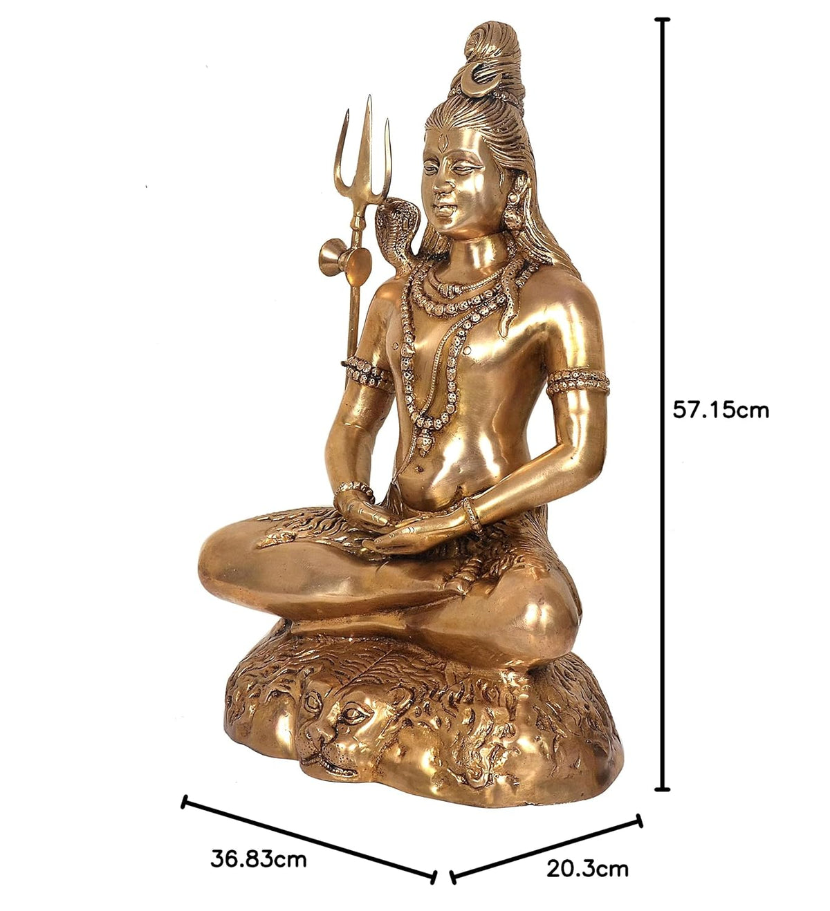 Brass Lord Shiva statue seated in meditation with Trishul, cobra and detailed golden-tone base-atycratz.com