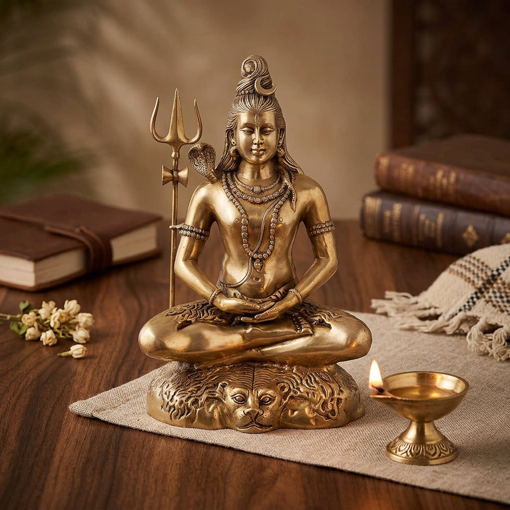Brass Lord Shiva statue seated in meditation with Trishul, cobra and detailed golden-tone base-atycratz.com