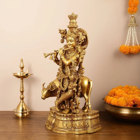 Brass Muralidhara Krishna with Cow Idol - ArtyCraftz