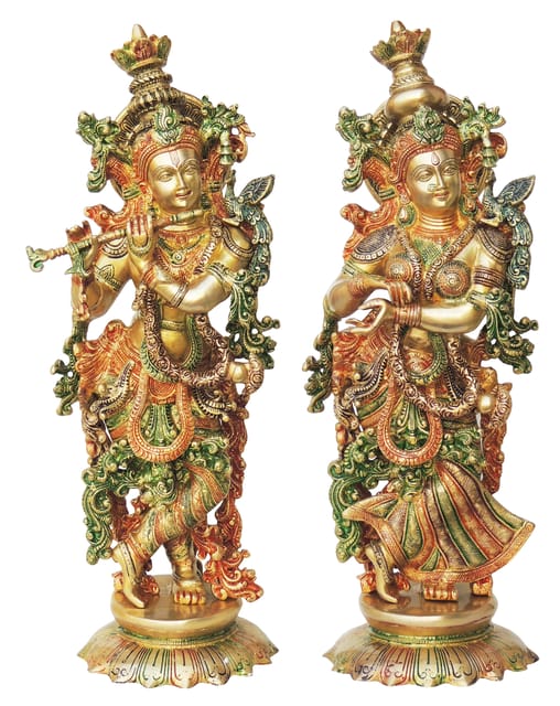 Brass Radha Krishna on Lotus Pedestal Statue - ArtyCraftz