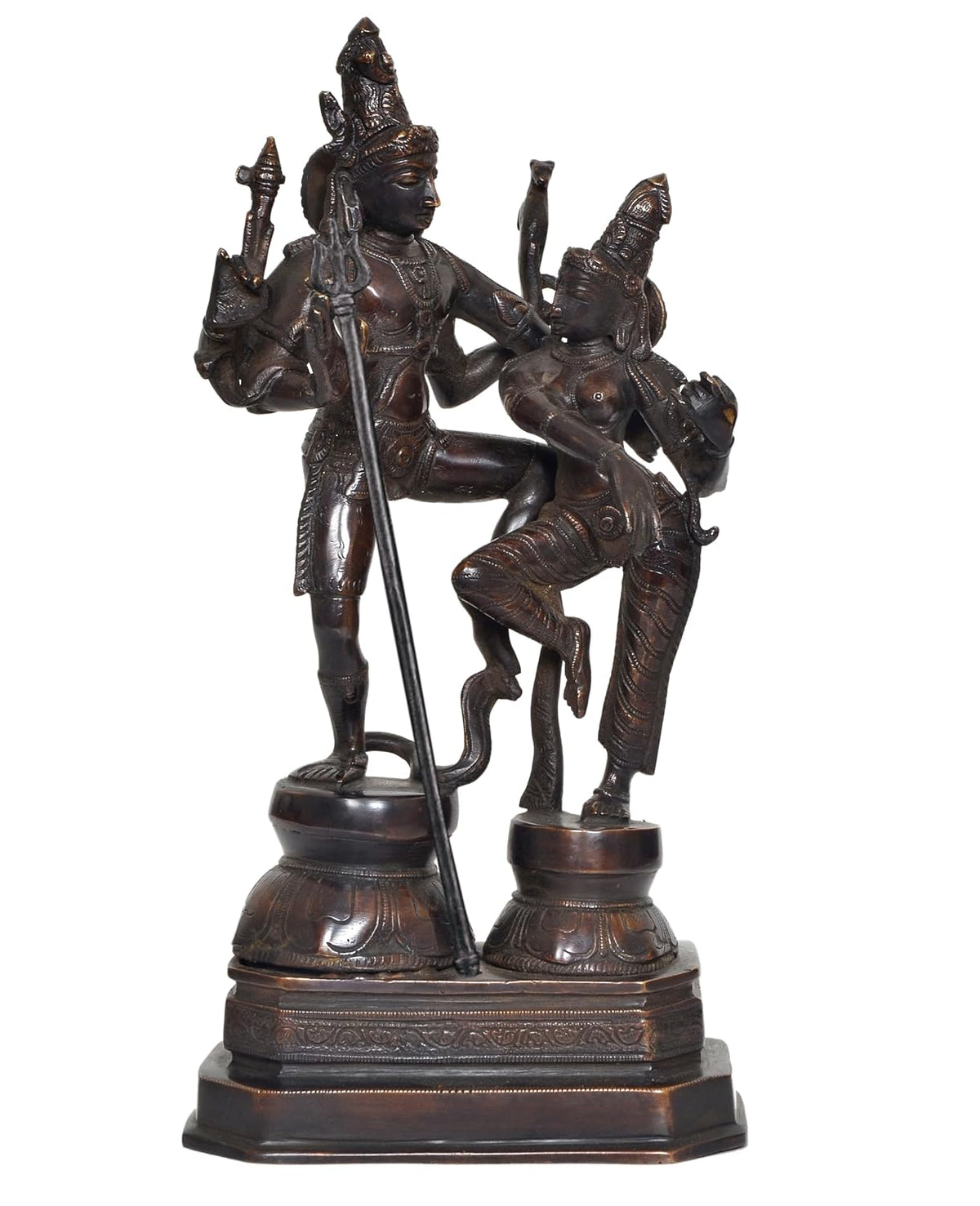 Dark antique-finish brass statue of Shiva and Parvati dancing together with a Trishul and ornate pedestal-artycraftz.com