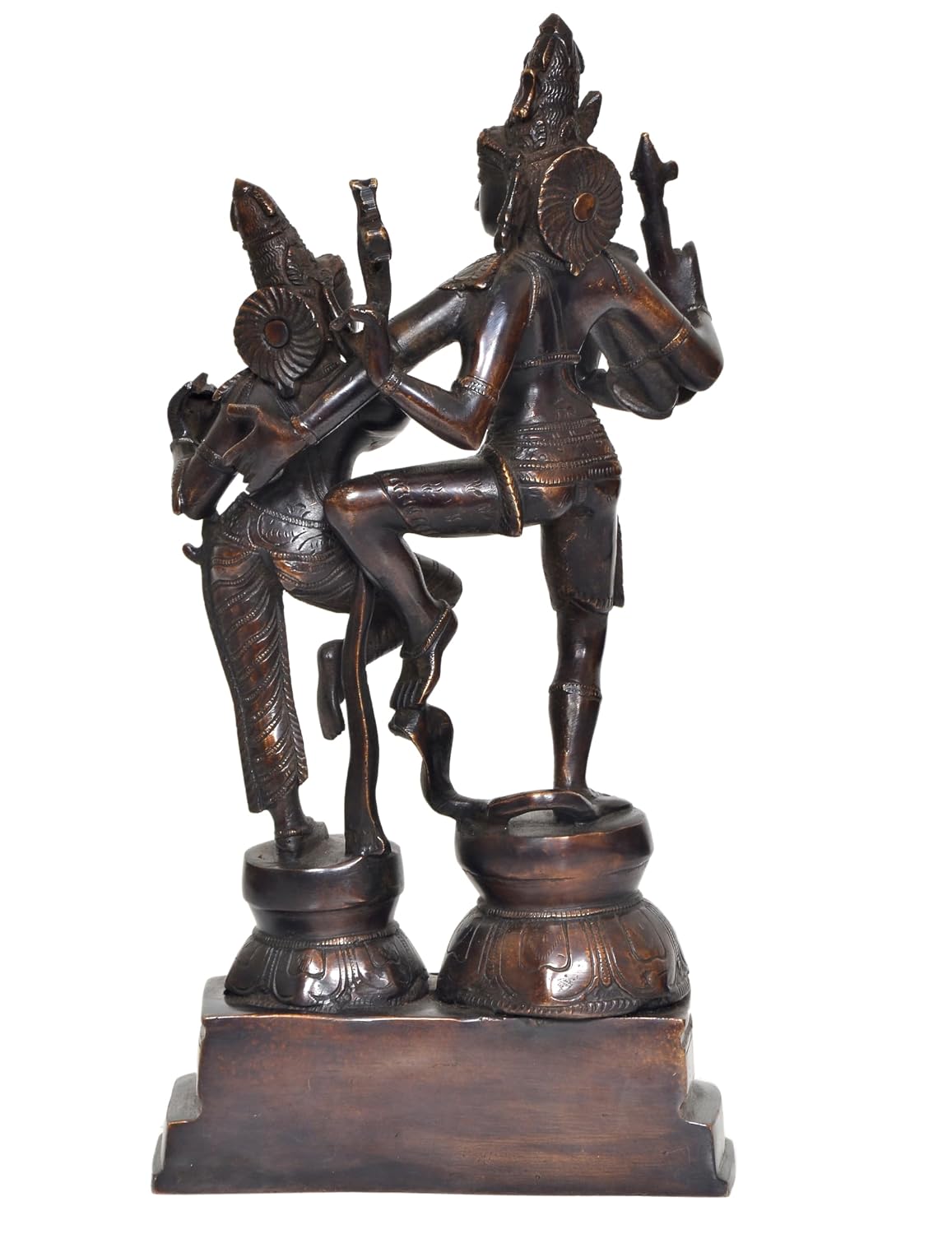 Dark antique-finish brass statue of Shiva and Parvati dancing together with a Trishul and ornate pedestal-artycraftz.com