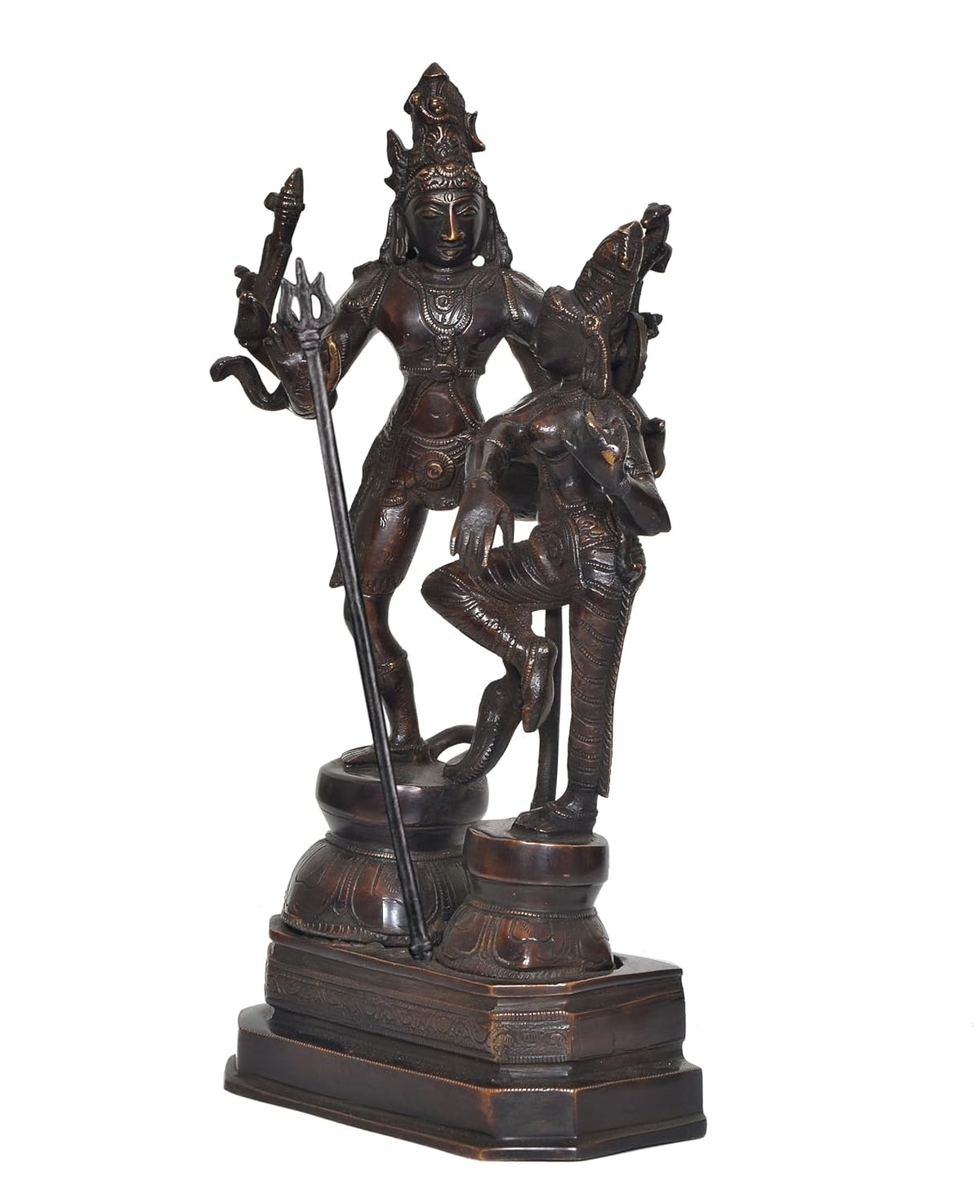 Dark antique-finish brass statue of Shiva and Parvati dancing together with a Trishul and ornate pedestal-artycraftz.com