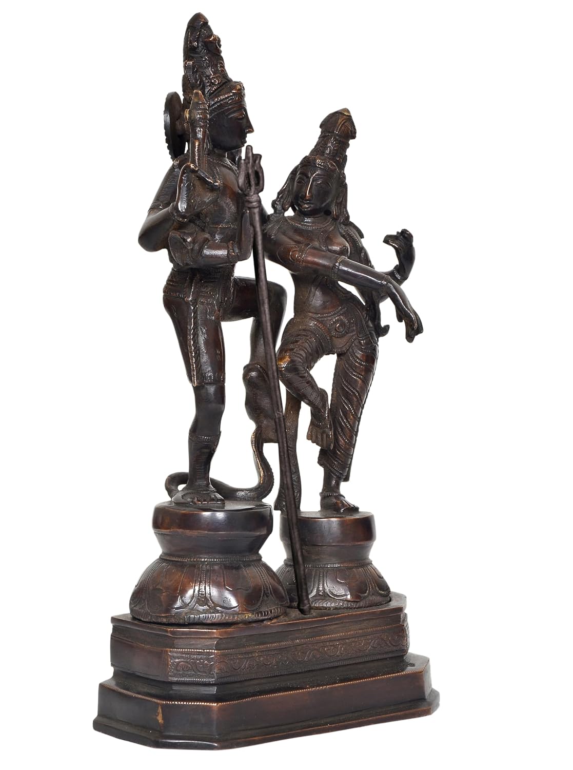 Dark antique-finish brass statue of Shiva and Parvati dancing together with a Trishul and ornate pedestal-artycraftz.com