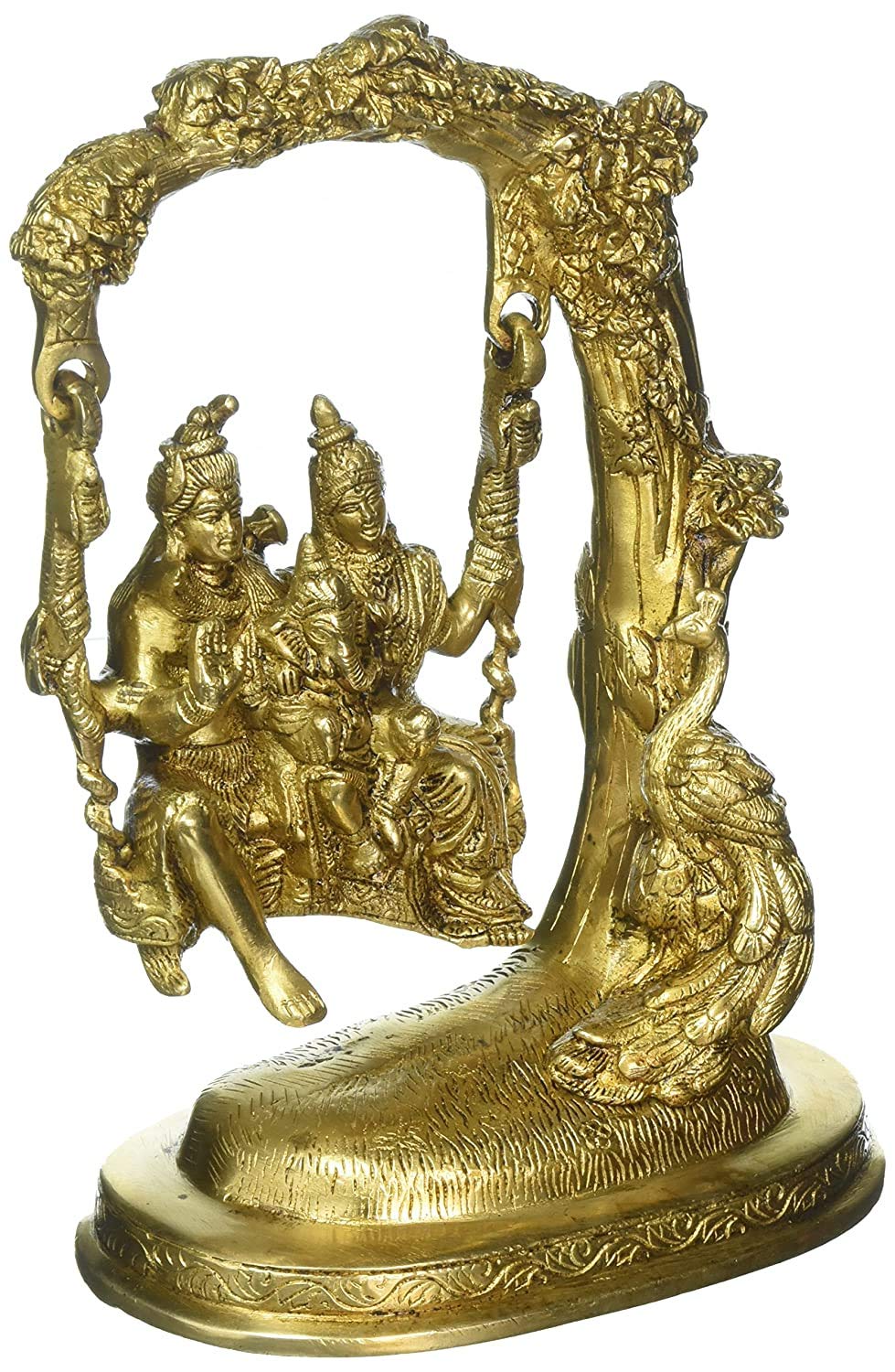 Golden brass statue of Shiva, Parvati and Ganesha seated on a decorative swing beneath an ornate arch-artycraftz.com