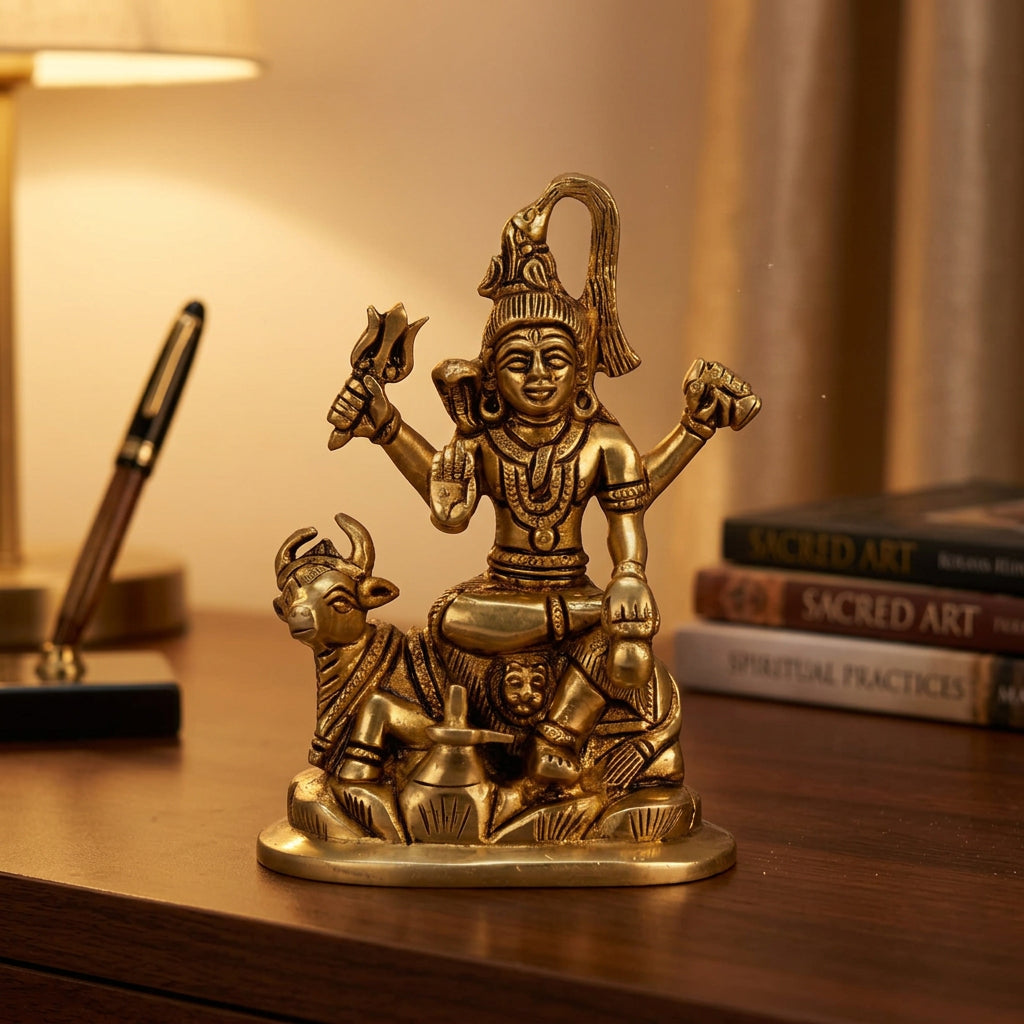 Golden brass statue of Lord Shiva seated on Nandi with a trident and intricate traditional detailing-artycraftz.com
