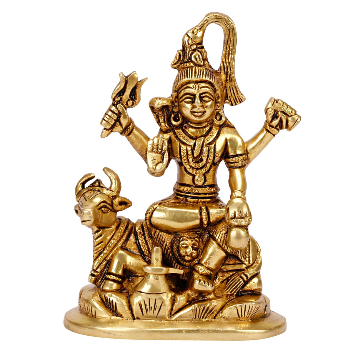 Golden brass statue of Lord Shiva seated on Nandi with a trident and intricate traditional detailing-artycraftz.com