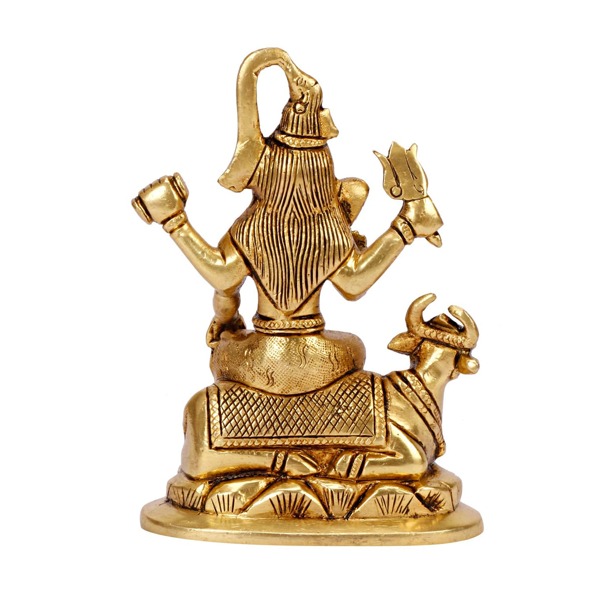 Golden brass statue of Lord Shiva seated on Nandi with a trident and intricate traditional detailing-artycraftz.com