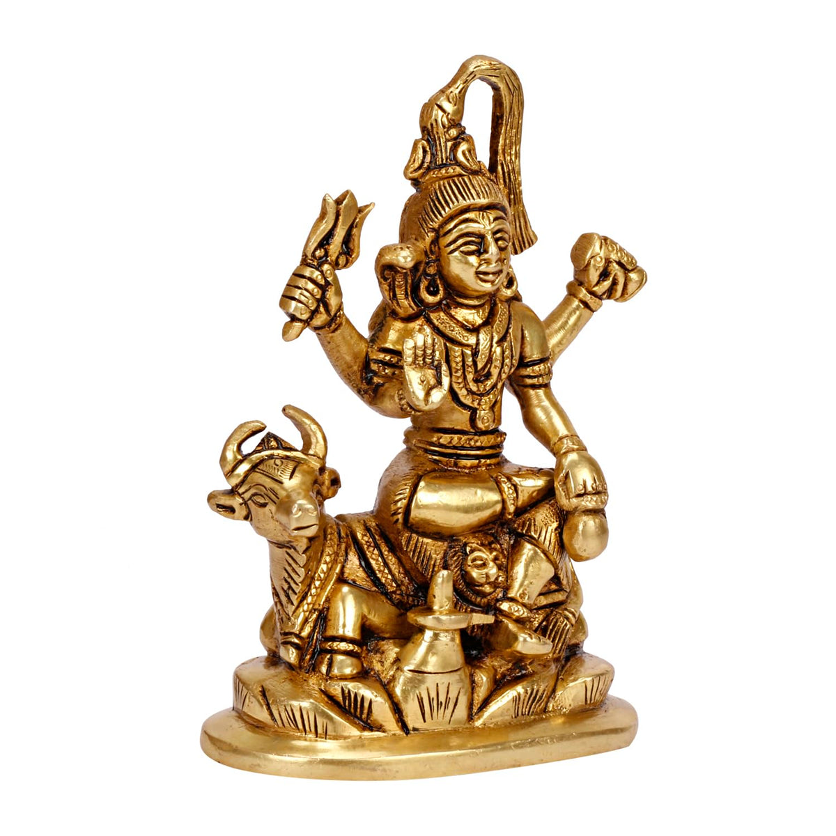 Golden brass statue of Lord Shiva seated on Nandi with a trident and intricate traditional detailing-artycraftz.com