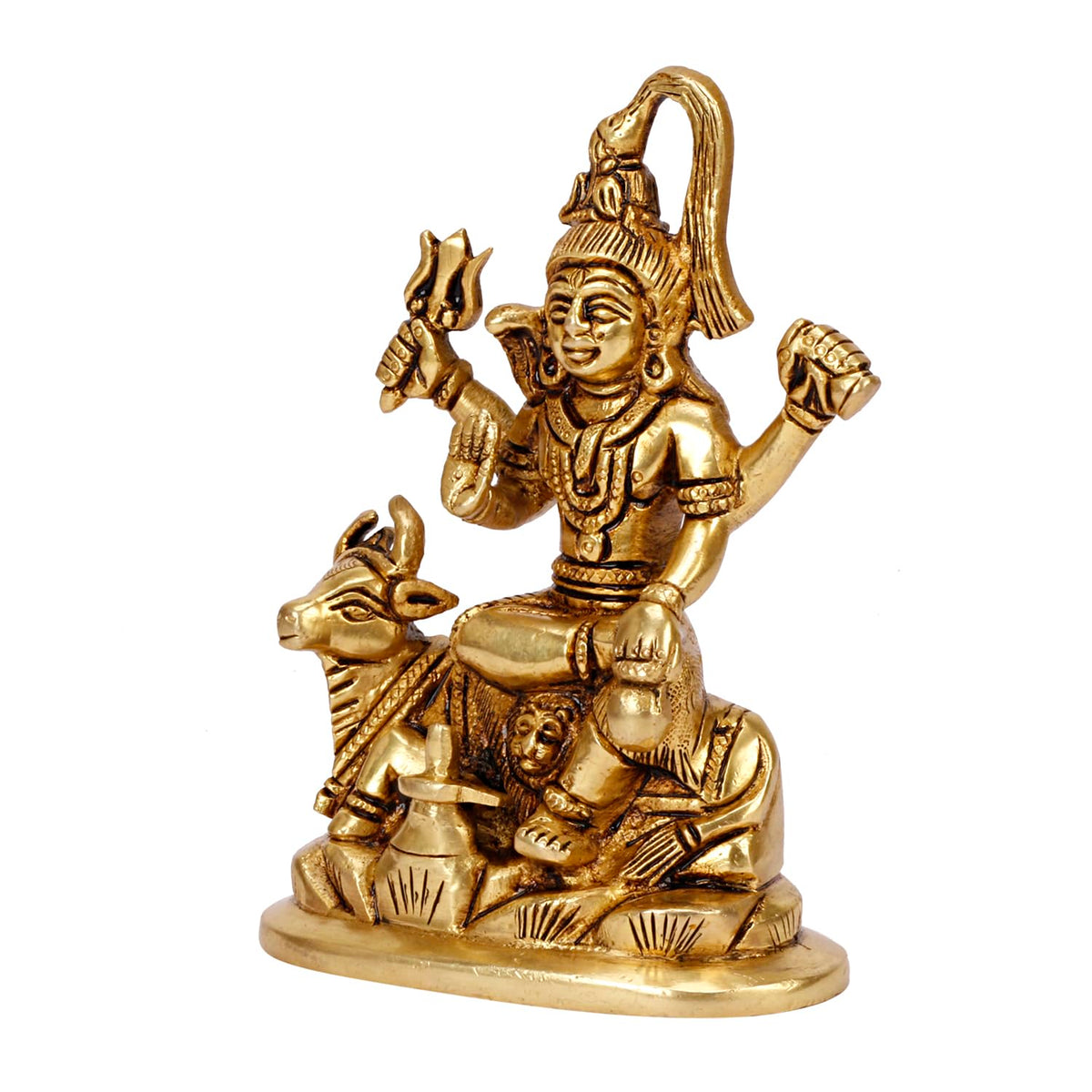 Golden brass statue of Lord Shiva seated on Nandi with a trident and intricate traditional detailing-artycraftz.com