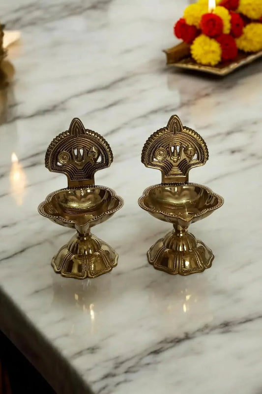 Brass Vishnu Shankh Chakra Namam Oil Lamp - ArtyCraftz