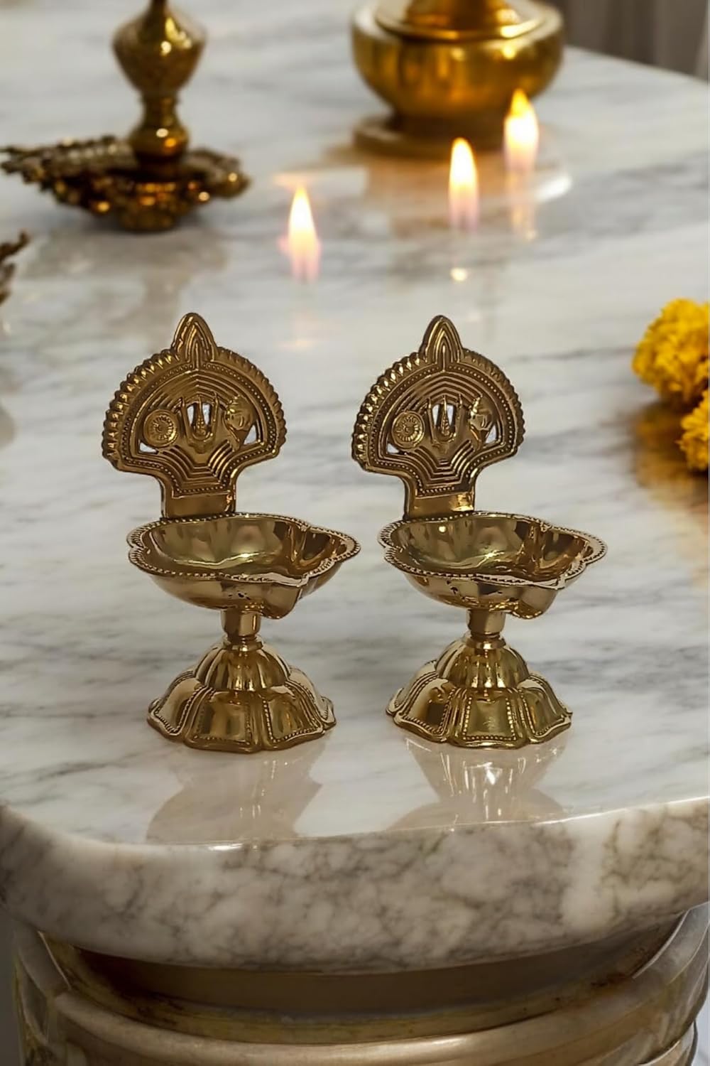 Brass Vishnu Shankh Chakra Namam Oil Lamp - ArtyCraftz