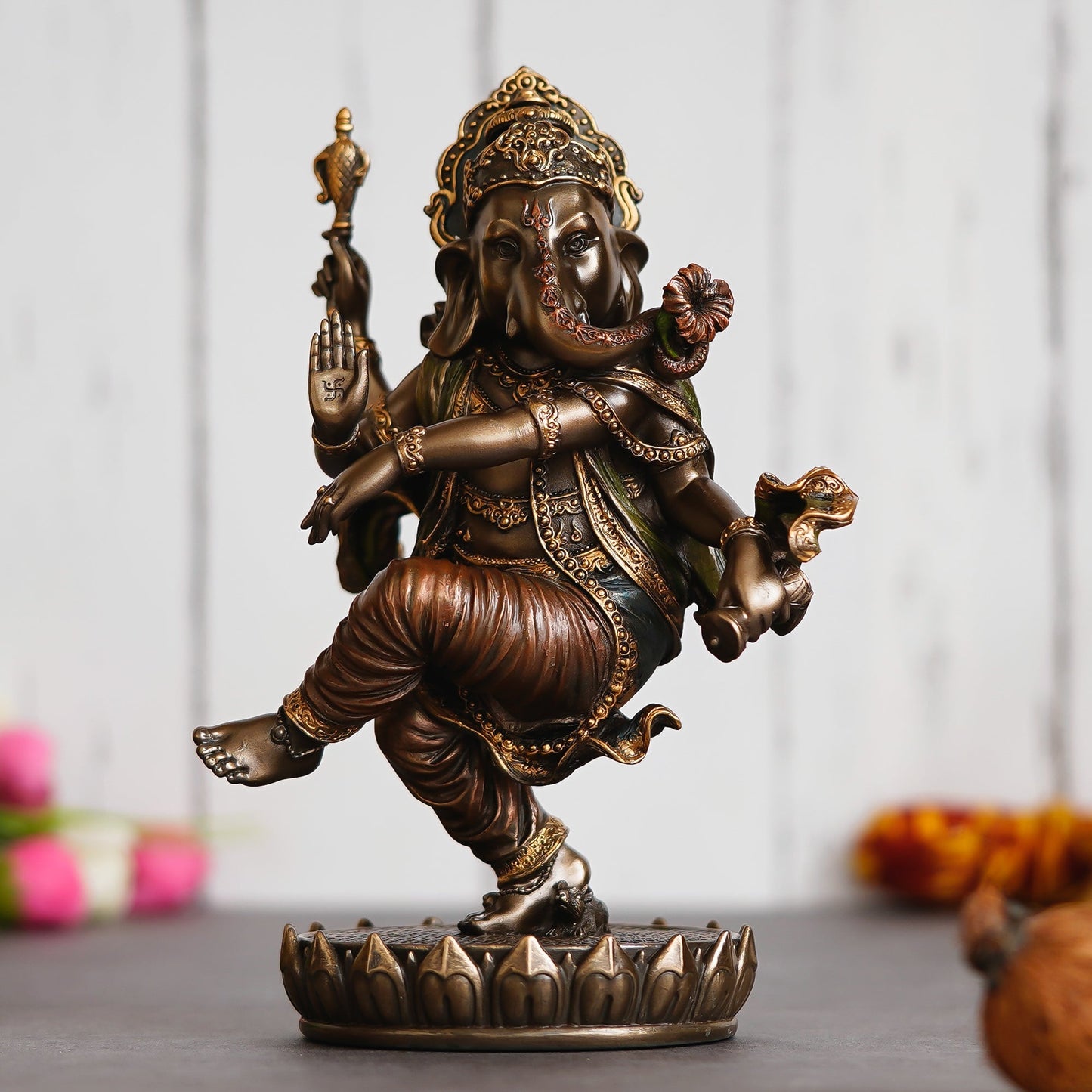 Brown Polyresin and Bronze Dancing Lord Ganesha Idol - ArtyCraftz