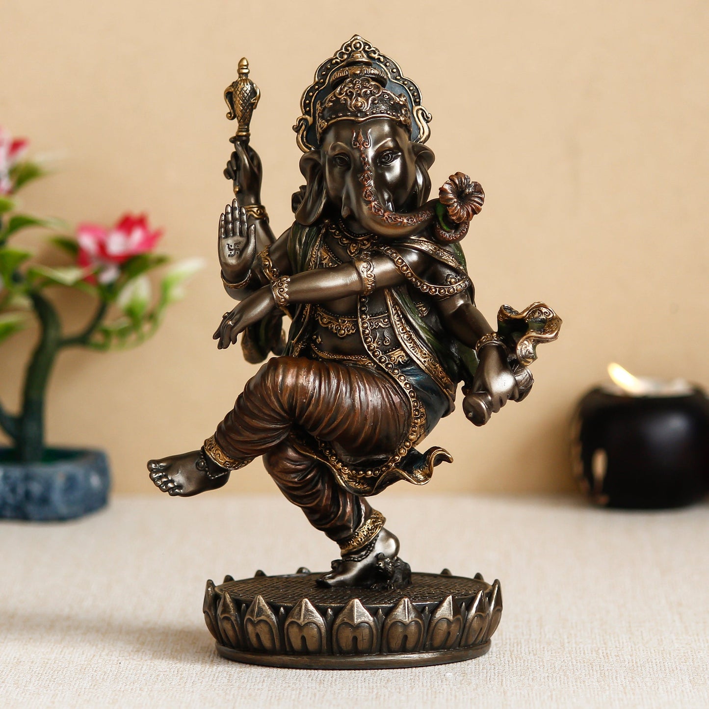 Brown Polyresin and Bronze Dancing Lord Ganesha Idol - ArtyCraftz