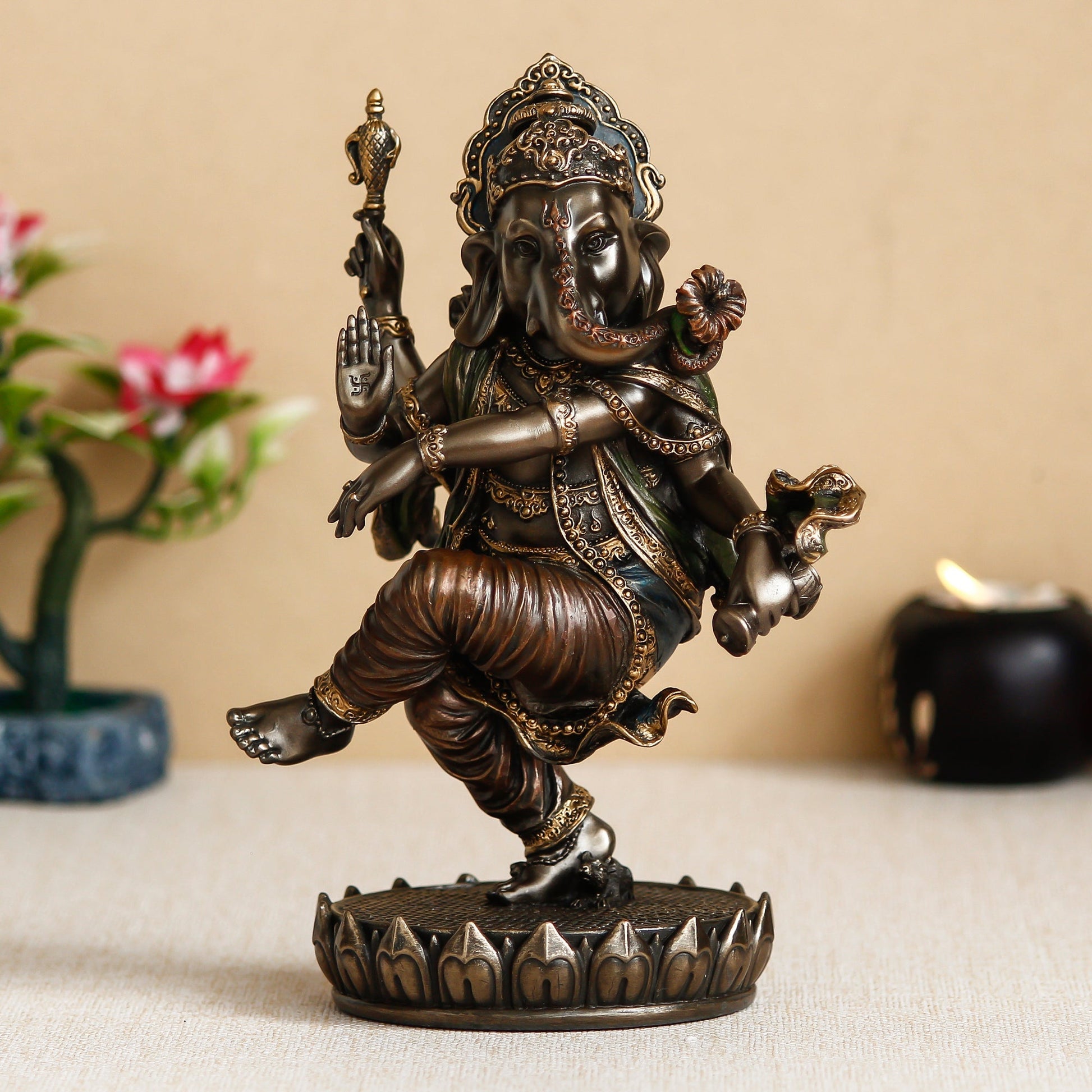 Brown Polyresin and Bronze Dancing Lord Ganesha Idol - ArtyCraftz