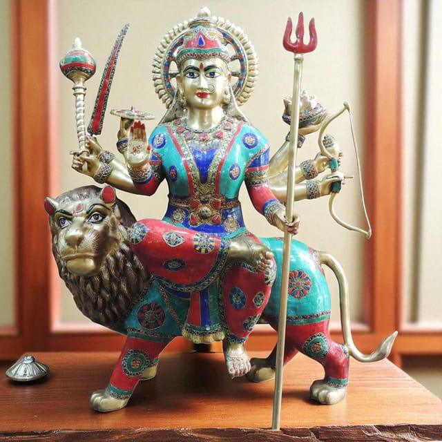 Brass Multicolor Durga Lacquer finish Statue