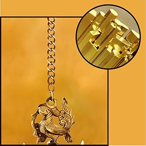 Peacock Design Brass Hanging Diya with Bells, Height: 14 Inches