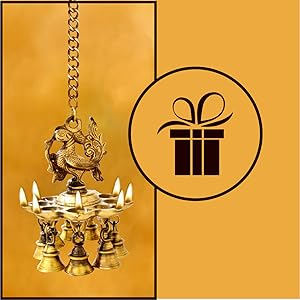 Peacock Design Brass Hanging Diya with Bells, Height: 14 Inches