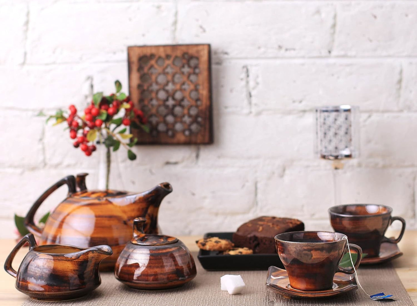 Ceramic Handmade Tea Set with Kettle Brown Timberland Printed Tea Set (Set of 15 pcs) - ArtyCraftz