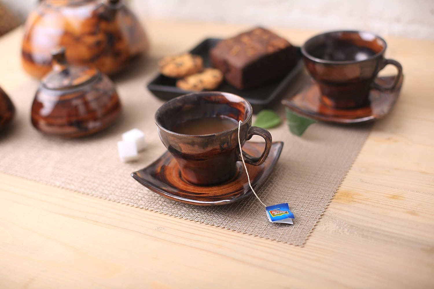 Ceramic Handmade Tea Set with Kettle Brown Timberland Printed Tea Set (Set of 15 pcs) - ArtyCraftz