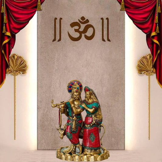 Colorful Stone Work Brass Radha Krishna Statue with Cow Figurine (Gold, Green, Red) - ArtyCraftz