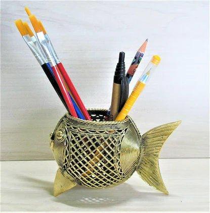 Dhokra Art Brass Fish Shaped Pen Holder - ArtyCraftz