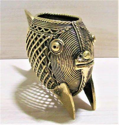 Dhokra Art Brass Fish Shaped Pen Holder - ArtyCraftz