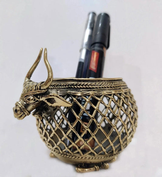 Dhokra Art Brass Sitting Bull Penstand cum Candle Holder - ArtyCraftz