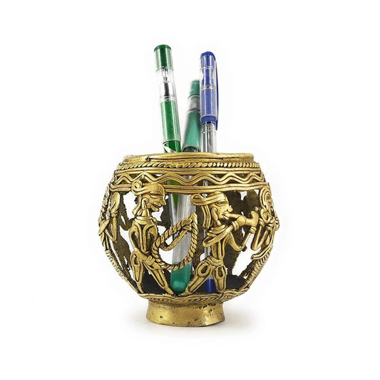 Dhokra Art Brass Tribal Dancers Penstand - ArtyCraftz