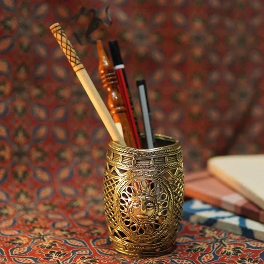Dhokra Art Sun and Water Drops Cylindrical Pen/Cutlery Holder - ArtyCraftz