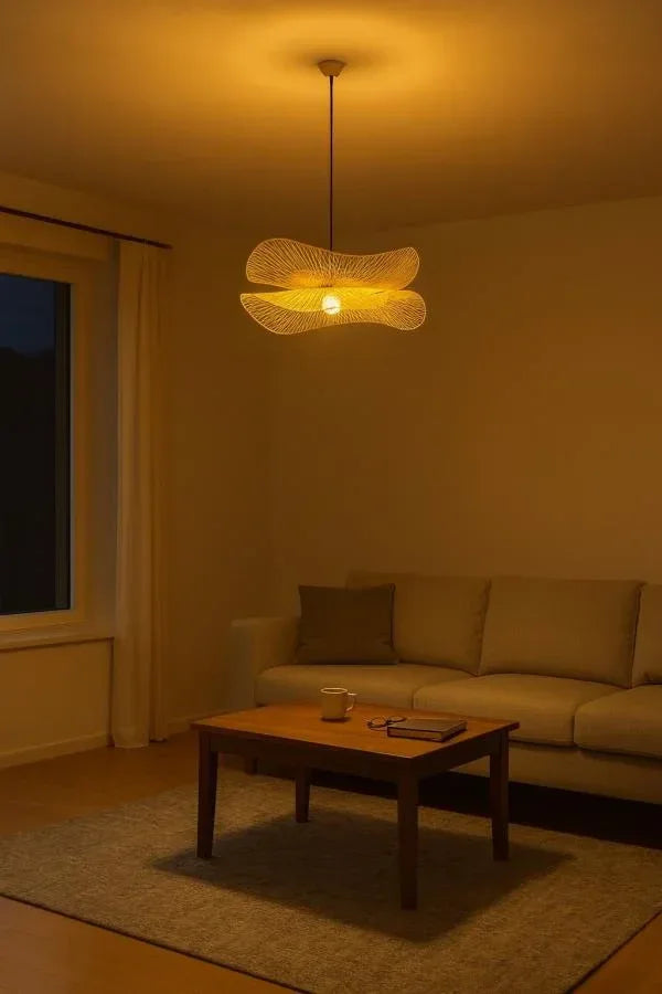 Living room with a modern lamp, sofa, and coffee table under warm lighting