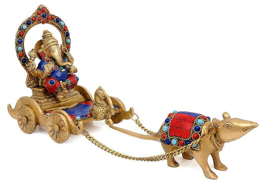 Handcrafted 12-inch solid brass Ganesha seated on stone-inlaid chariot pulled by his mouse Mooshika on brass chain — turquoise, coral and lapis stone inlay with prabhavali arch — ArtyCraftz