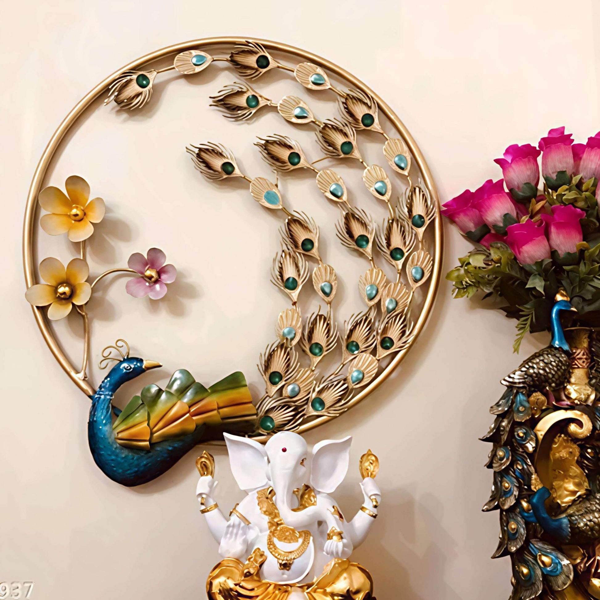 Elegant Metal Dancing Peacock with Flowers Wall Art - ArtyCraftz