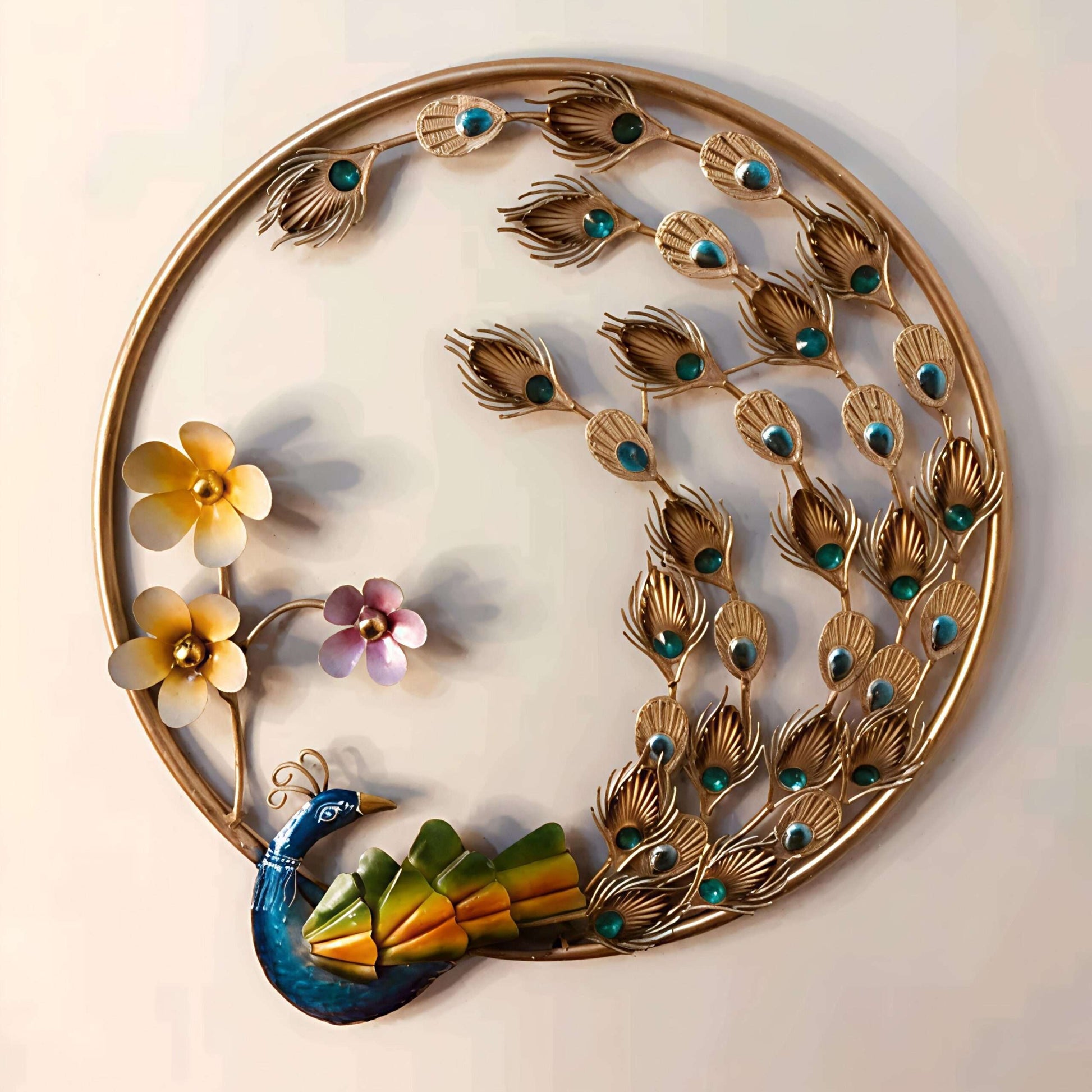 Elegant Metal Dancing Peacock with Flowers Wall Art - ArtyCraftz