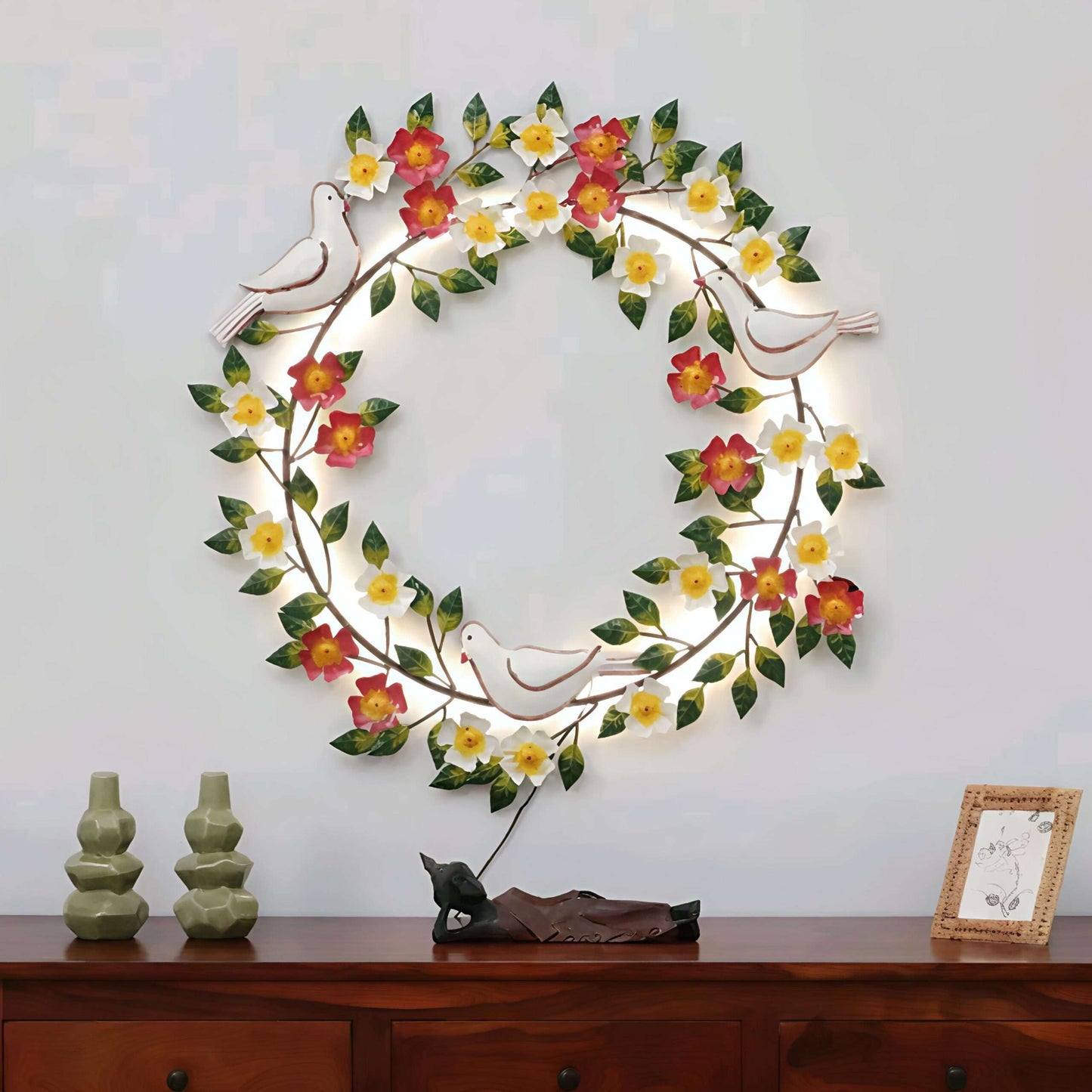 Elegant Ring of Birds Flowers and Leaves LED Iron Wall Art - ArtyCraftz