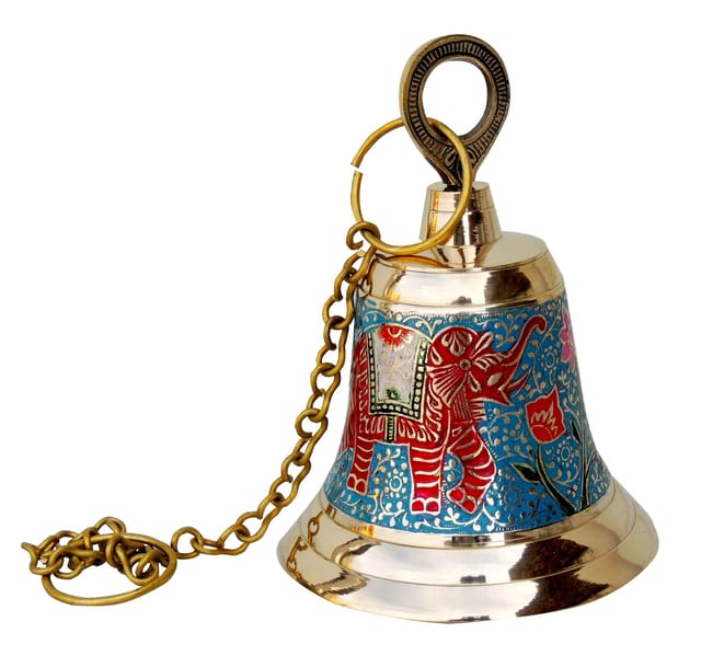 Hand-Painted Brass Hanging Bell with Elephant Motif 7 Inches-ArtyCraftz.com